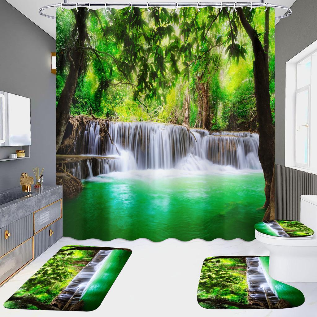 High Definition Digital Printing Shower Curtain Four-Piece Set Of Non-Punching Bathroom Bathroom Bathroom Partition Curtain Landscape