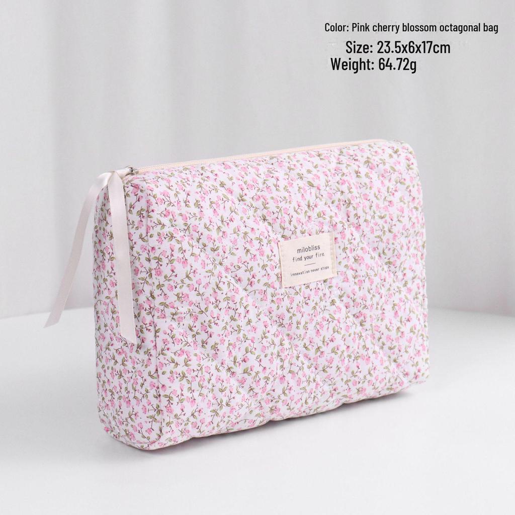 High-Capacity Quilted Floral Cosmetic Handbag
