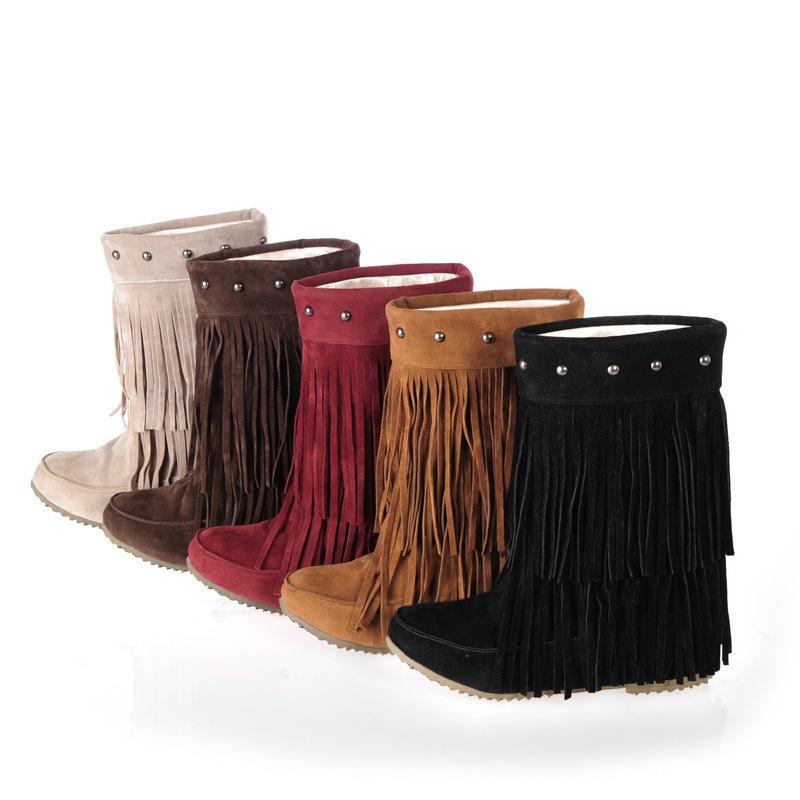 High Quality Inner Height Increase Matte Fringed Women's Boots Low Heel Medium Tube Boots Large Size