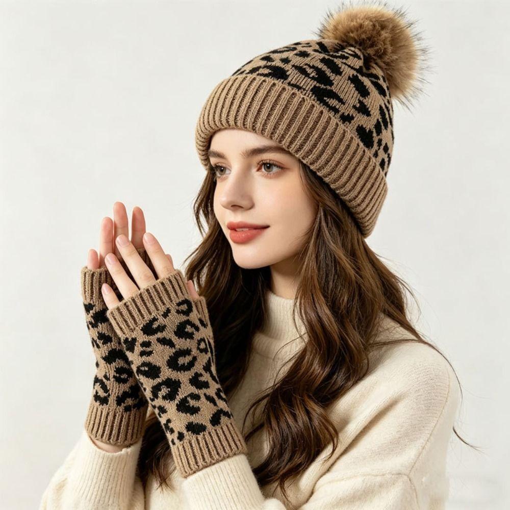 2Pcs/Set Warm Knit Beanie Leopard Knitted Winter Hat New Leopard Print Beanie Everyday Wear