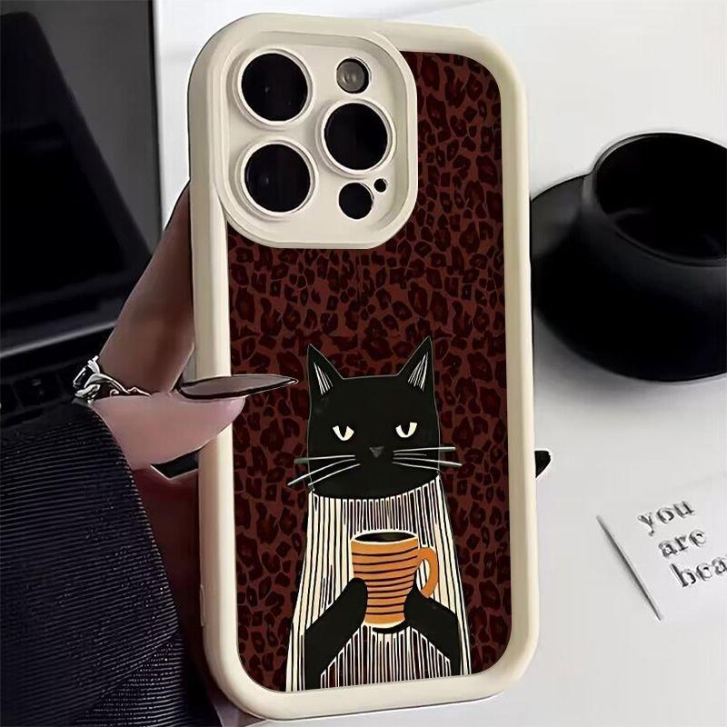 Elegant Black Cat Handheld Coffee Cup Striped Scarf Leopard Print Phone Case for iPhone 17 16 15 14 13 12 11 Pro Max Plus Cover