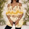 Women Plus Size Cold Shoulder Double Strap V Neck Short Sleeve Dark Blue Printed Blouse