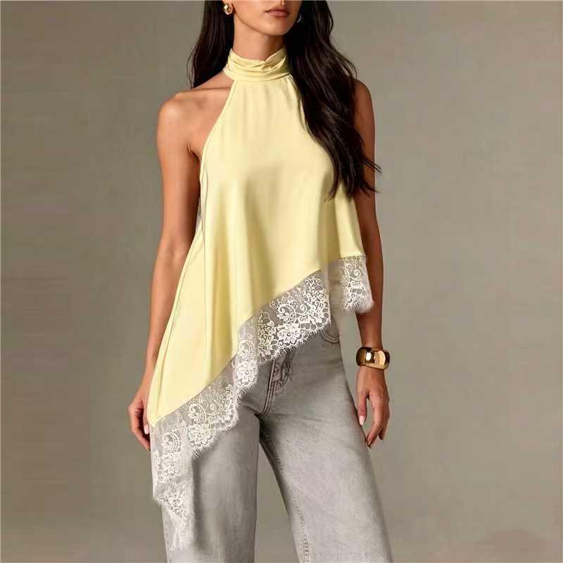 2025 Women's Satin Halter Neck Sleeveless Asymmetrical Camisole with Lace Trim