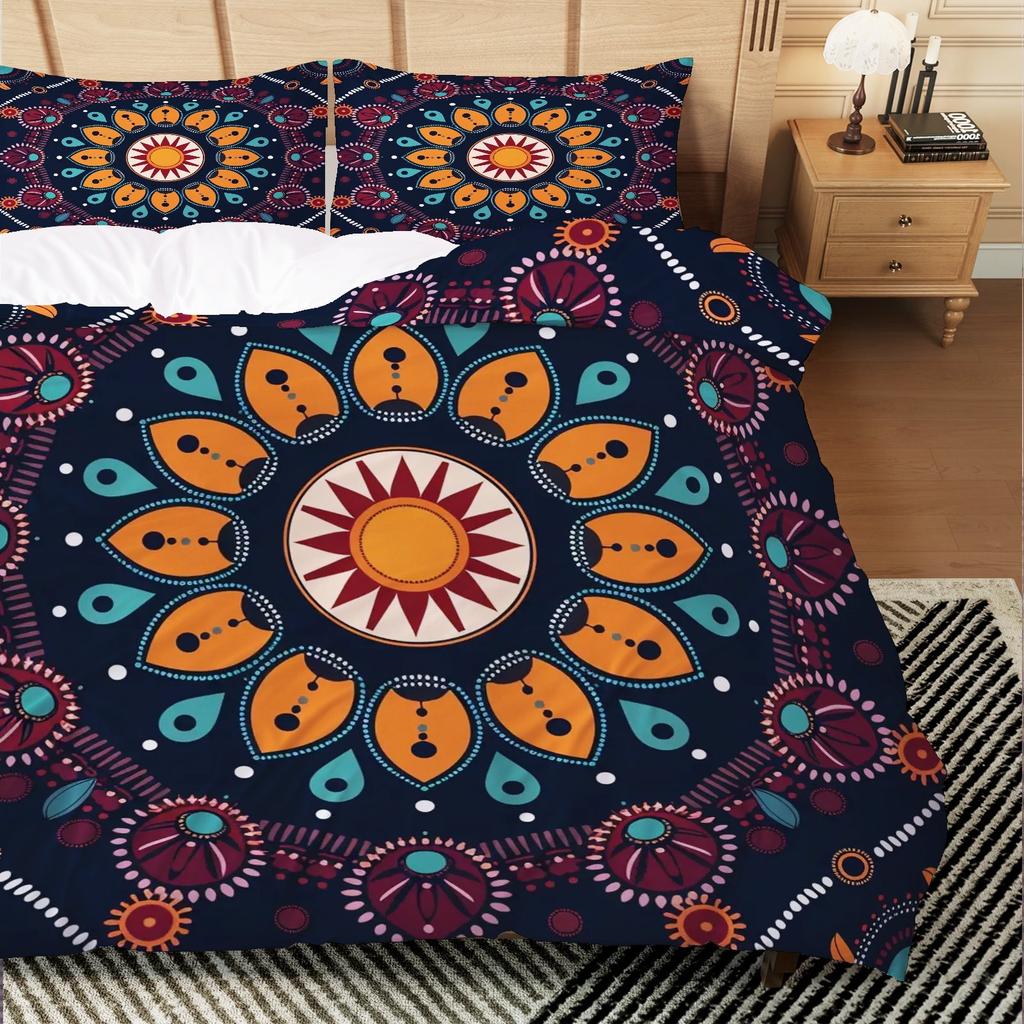 3pcs Bohemian Mandala Duvet Cover Set - Navy Blue Floral Medallion Bedding with Zip Closure, Machine Washable Polyester, Perfect