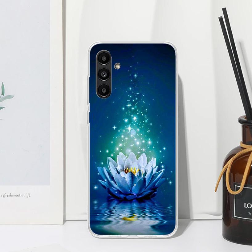 Lotus Blue White Flowers Phone Case For Samsung Galaxy A17 A37 A57 A16 A26 A36 A56 A15 A25 A35 A55 A14 A24 A34 A54 A13 A23 A33 A