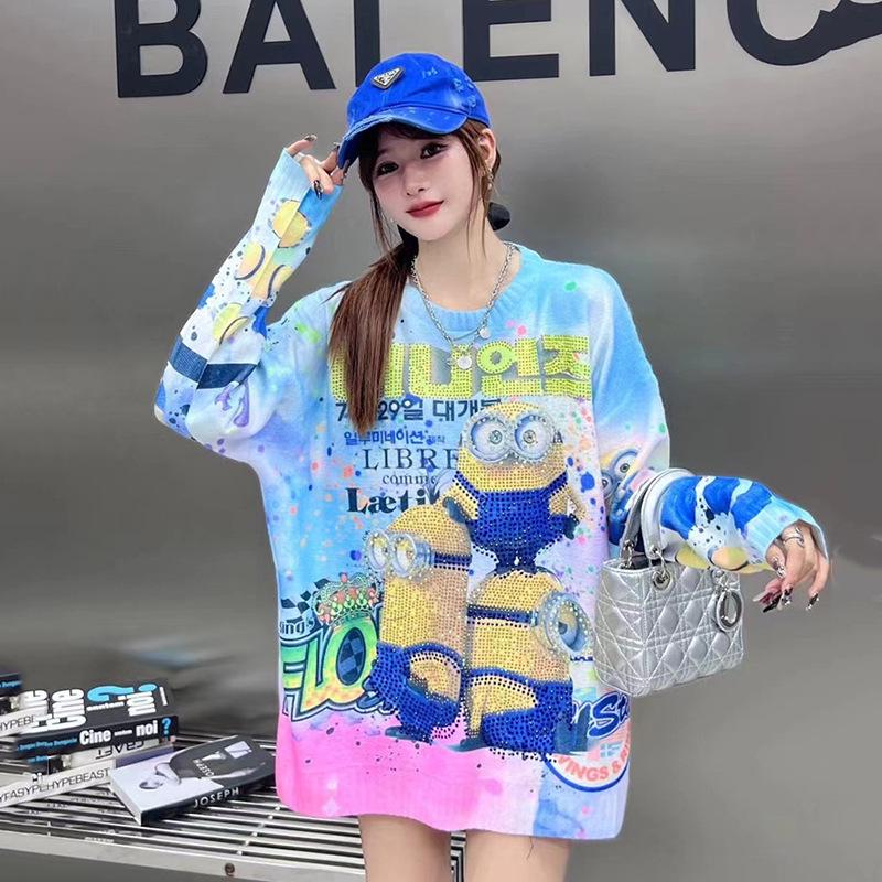 Korean Style Rhinestone Knit Sweater for Women - 2026 Autumn/Winter Plus Size Slimming Top