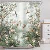Cortina de Ducha Floral con Pájaros Vintage, Estampado de Peonías Estilo Asiático, Poliéster Impermeable Decoración de Baño