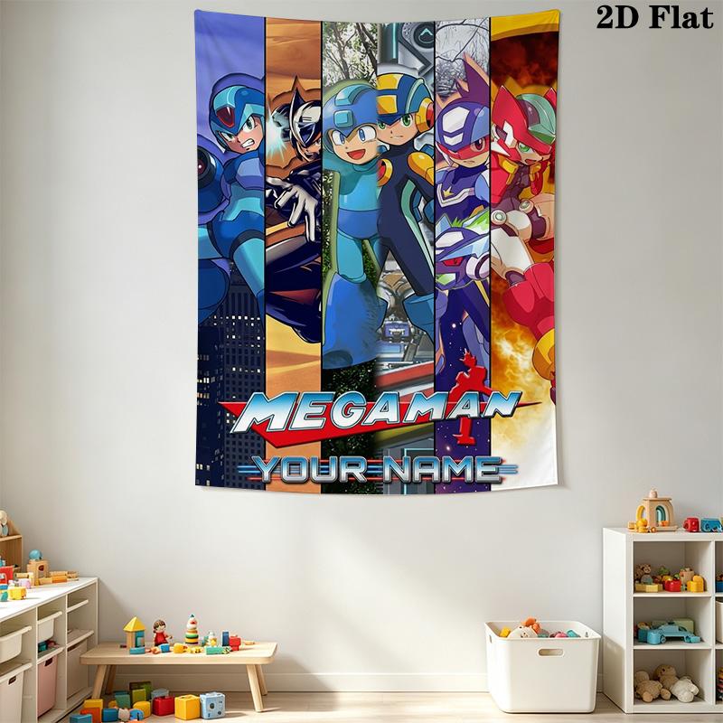 Name Custom Mega Man Anime Wall Tapestry Aesthetic Wall Hanging Printed Fabric Blanket Decorative Tapestries for Bedroom Living Room Home Decor