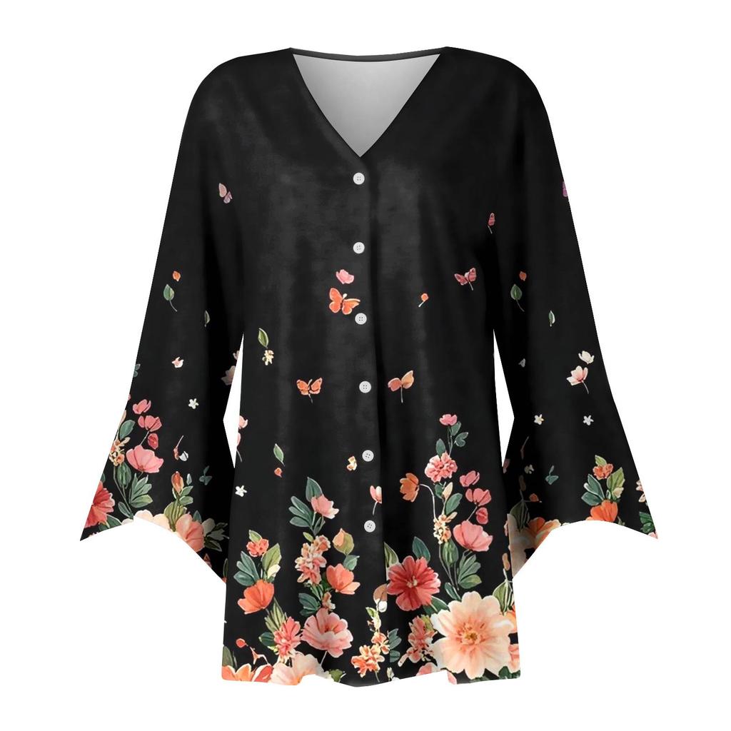 Women's Fashion Loose Casual Printed Seven-Part Sleeve Button Down Blouse Cardigan Top