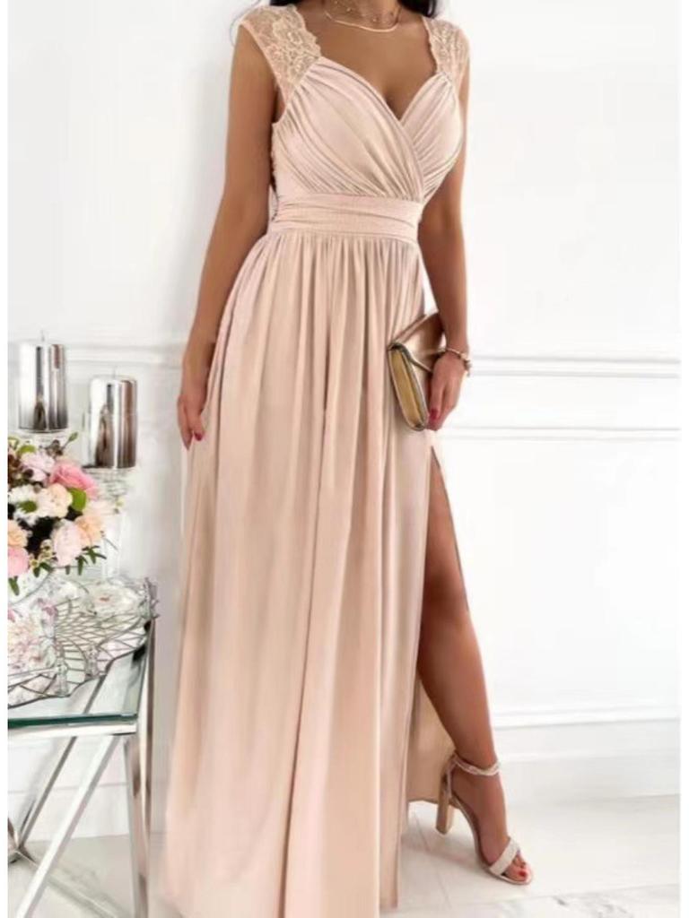 V Neck Lace Solid Color Dress Waist Hugging Overlapping Elegant Pleated Dress for Women Sleeveless Loose Dresses Causal Dress