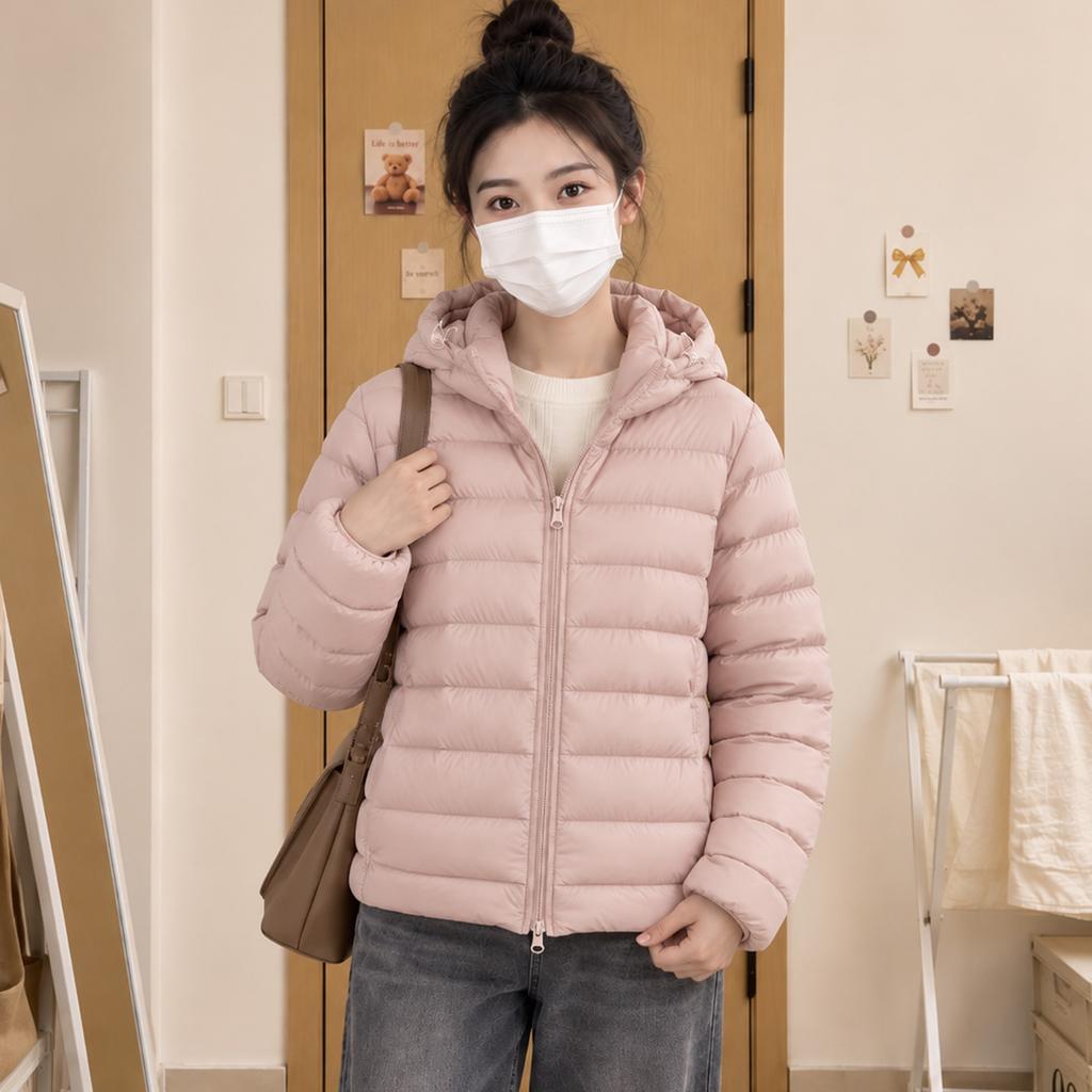 Turtle down jacket women's short white duck down light and warm winter new super good-looking hooded ribs jacket