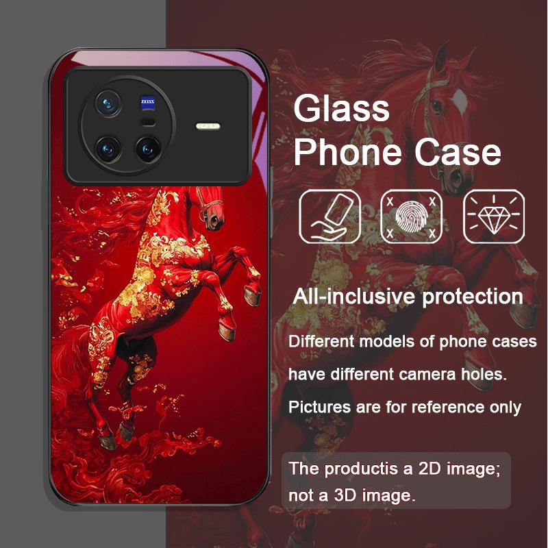 Stylish Chinese-Style Red Horse Print Tempered Glass Phone Case for OPPO Reno 13F 12 11 10 Pro Plus Find X8 X5 X3 PRO Lite Cover