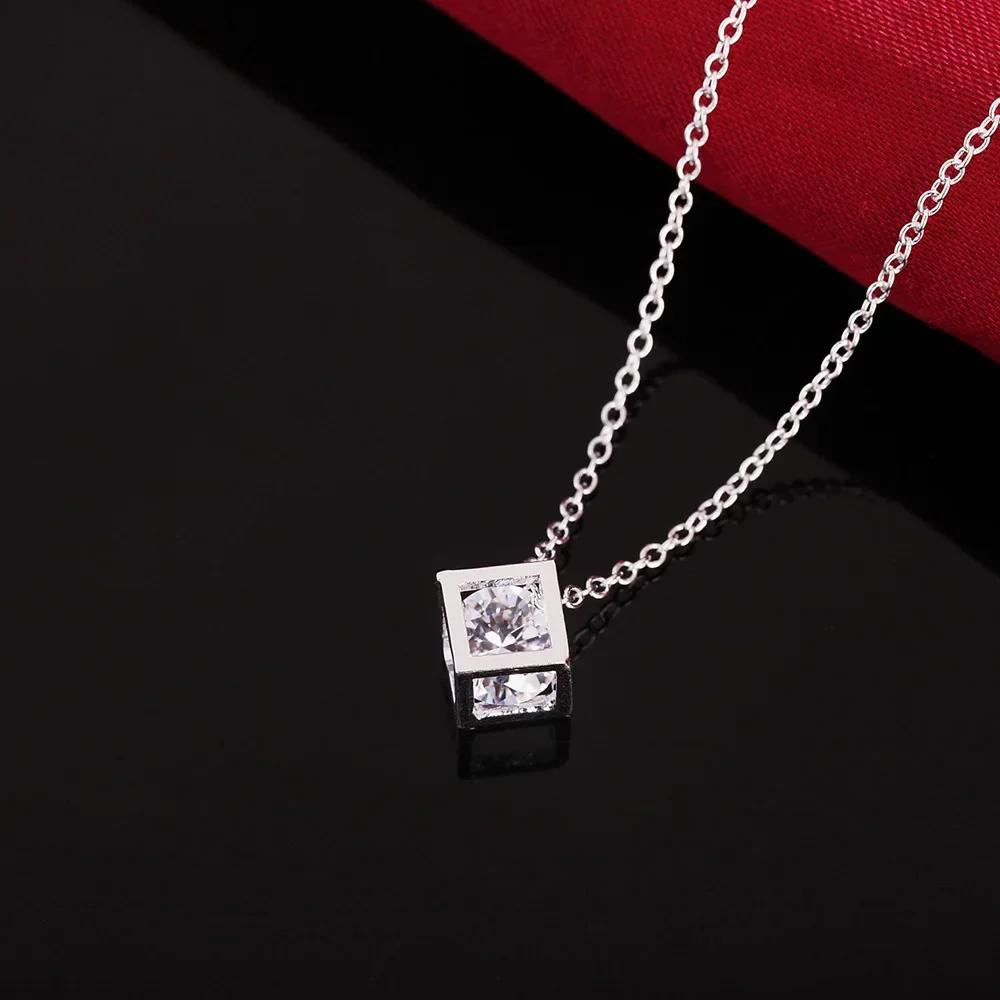 New Popular 925 Sterling Silver Noble Shiny Zircon Square Pendants Necklaces For Women Fashion Jewelry Valentine's Day Gifts