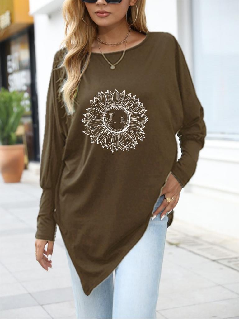 Women's Spring/Fall Asymmetrical Hem T-Shirt Fashion Printed Logn Sleeve Top Women's Oversize Long-Sleeve