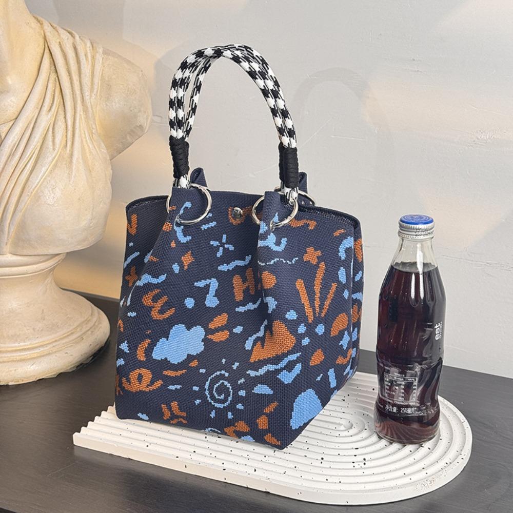 Cute Knitted Bucket Bag Creative Pattern Leisure Wrist Bag Versatile Portable Handbag for Women Girls