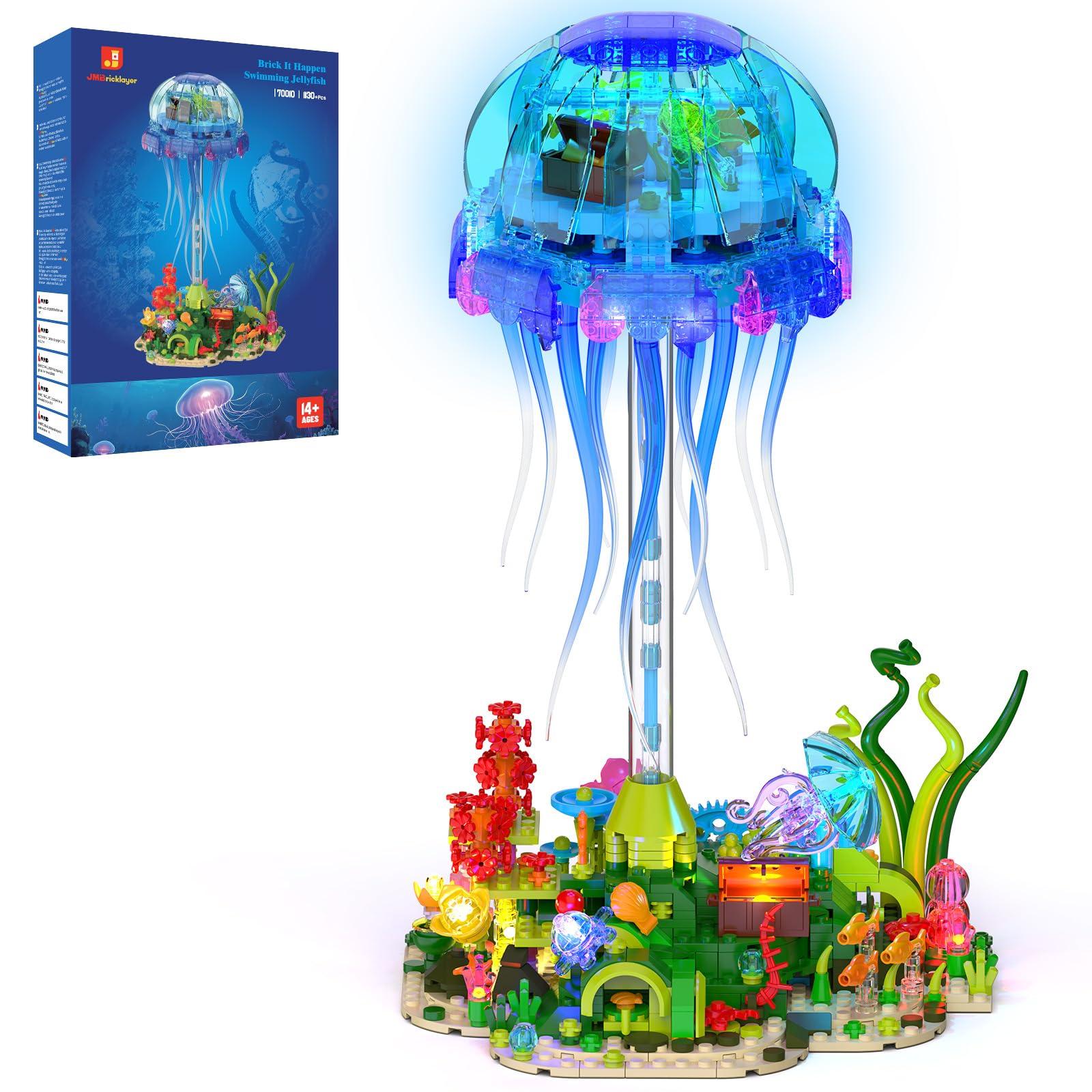 

JMBricklayer Jellyfish Building Blocks Set with Lights Marine Aquarium Jellyfish with Rotating Fish Marine Life Animal Model Home Decor Toy Birthday
