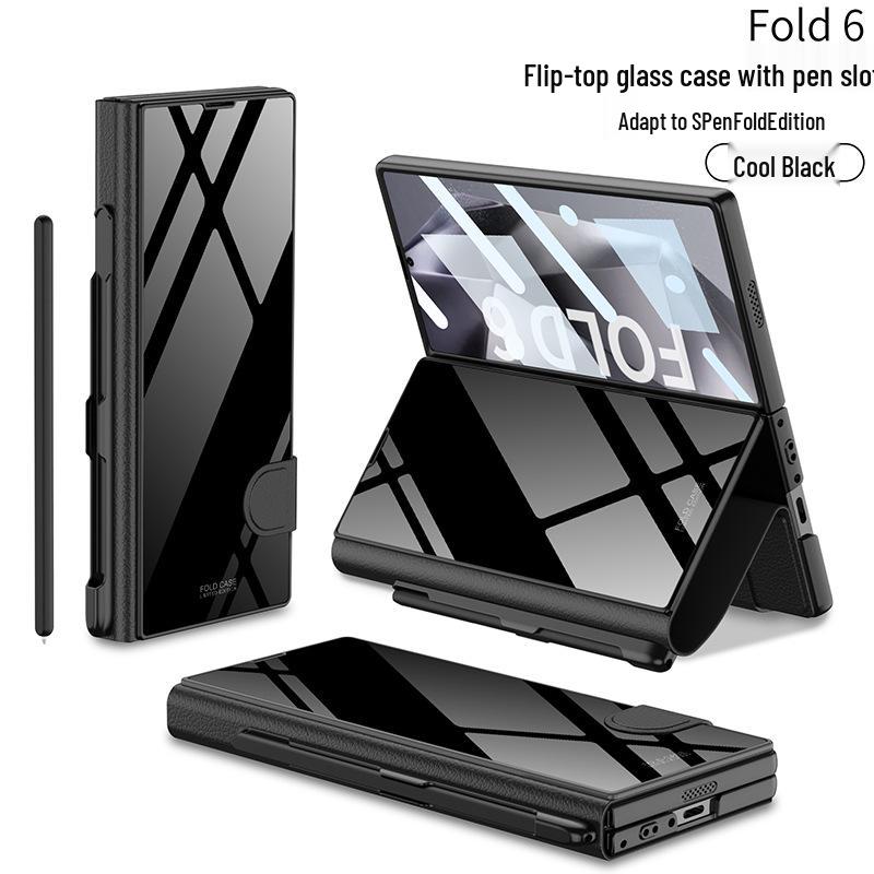 Samsung Z Fold 6 Leather Flip Case with Pen Slot and Glass Cover – Stylish and Business-Friendly.