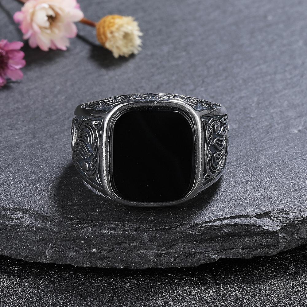 

Masculine Black Agate Ring 12x14mm, Mens Vintage Sterling Silver Fine Jewelry, Wedding Band Gift for Him 11