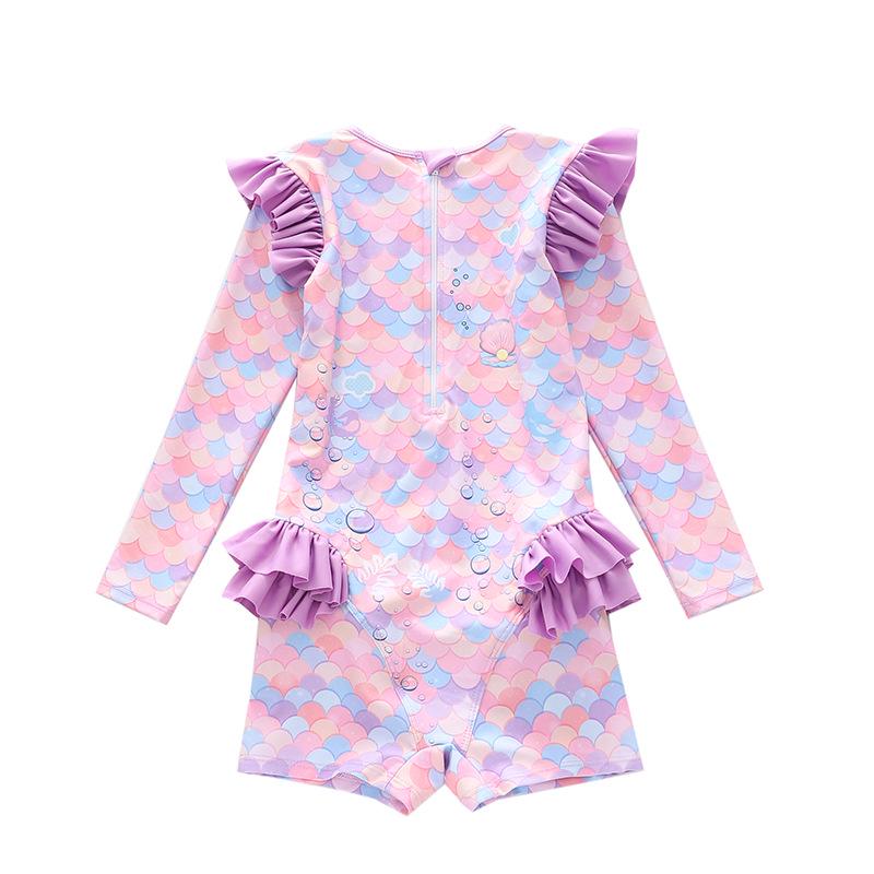 Costume da bagno intero a maniche lunghe con volant per bambina, con slip, certificato CPC per bambini