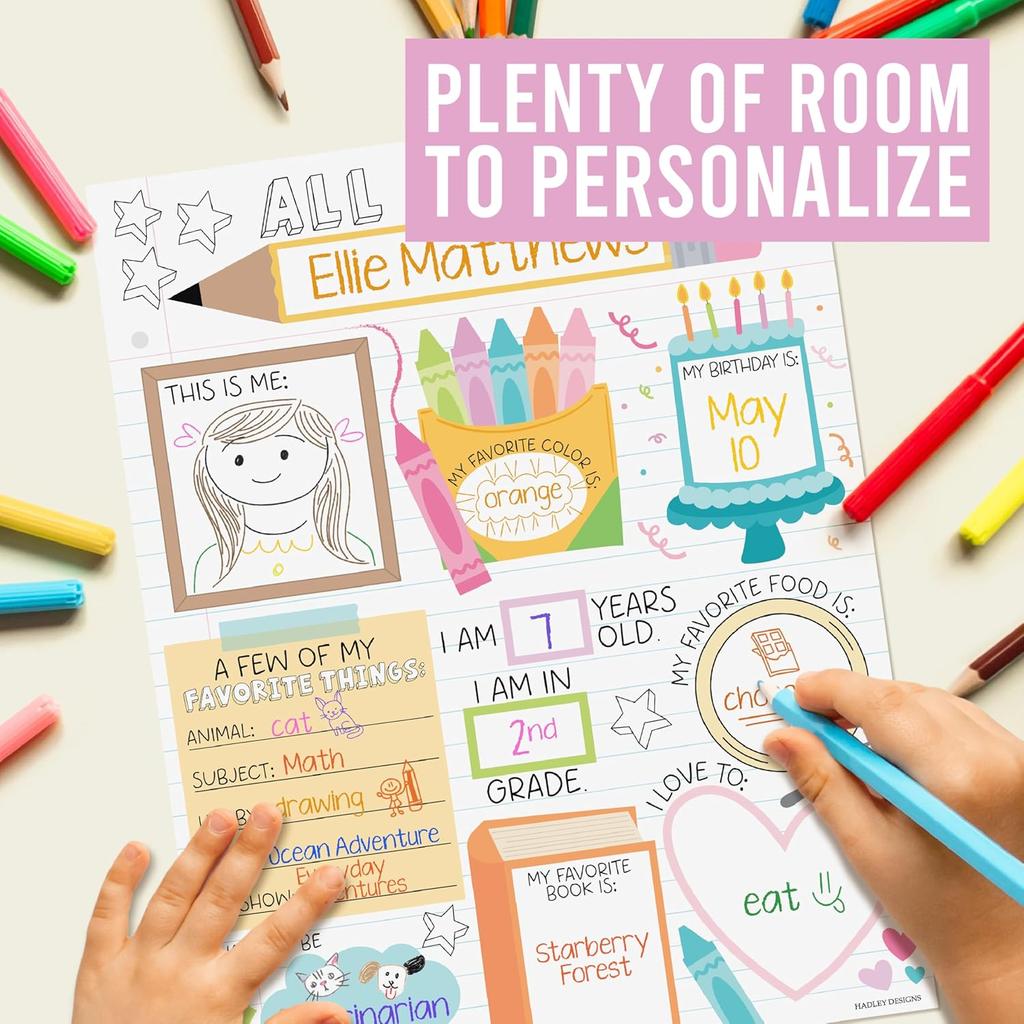 Hadley Designs All About Me Posters Elementary - 20 Star Student Poster Kindergarten, 11x14 All About Myself Star of The Week Poster Preschool,