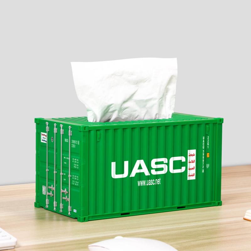 Witte vierkante tissuebox met creatief ontwerp, model Matson scheepscontainer, vintage gepersonaliseerde tissuebox voor in de auto, bureauornament