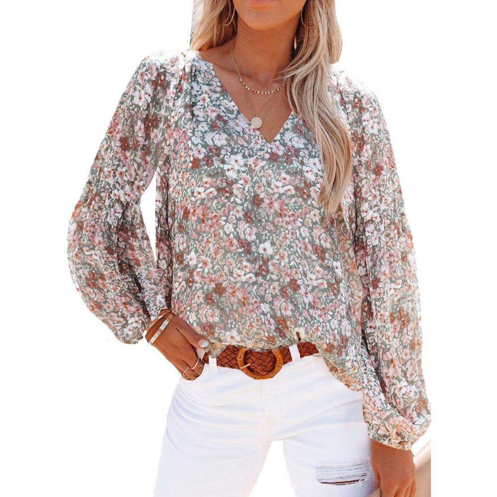 Autumn and Winter Women's V-neck Chiffon Top Women's Lantern Sleeves Floral