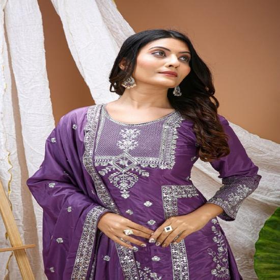 Regal Purple Embroidered Sharara Set with Dupatta S
