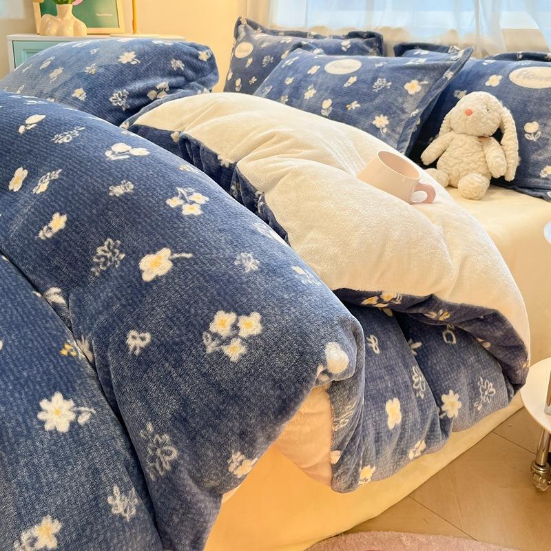 Thickened Milk Fleece Four-Piece Set, Coral Flannel Quilt Cover, Double-Sided Fleece Bed Sheet Quilt Cover, Bed Hat Three-Piece Set