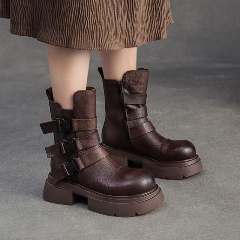 Johnature Plush Warm British Style Mid-calf Boots Genuine Leather Thick Soled Women's Shoes