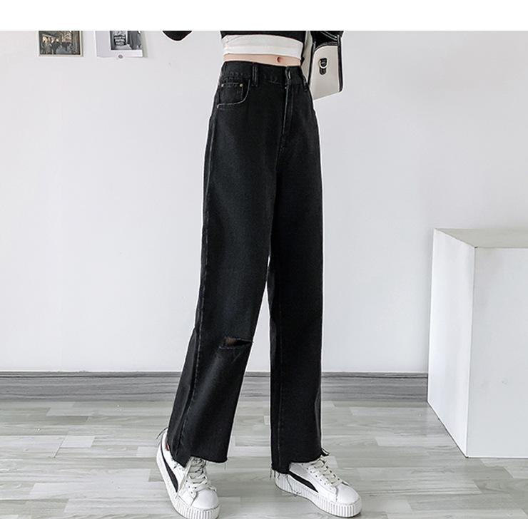 Female Pants Women Loose Casual Jeans Nine Points Wide Leg Ripped Raw Edge Trousers Plus Size