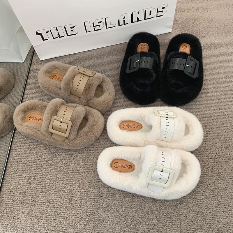 Mao Mao slippers women's wear 2025 autumn and winter new Korean version of one-word slippers fashion belt buckle plush cotton slippers