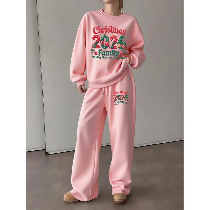 Women's Crewneck Sweatshirt & Drawstring Straight-Leg Pants 2-Piece Set, Christmas 2026 Family Theme Print, Casual Cozy Holiday Outfit