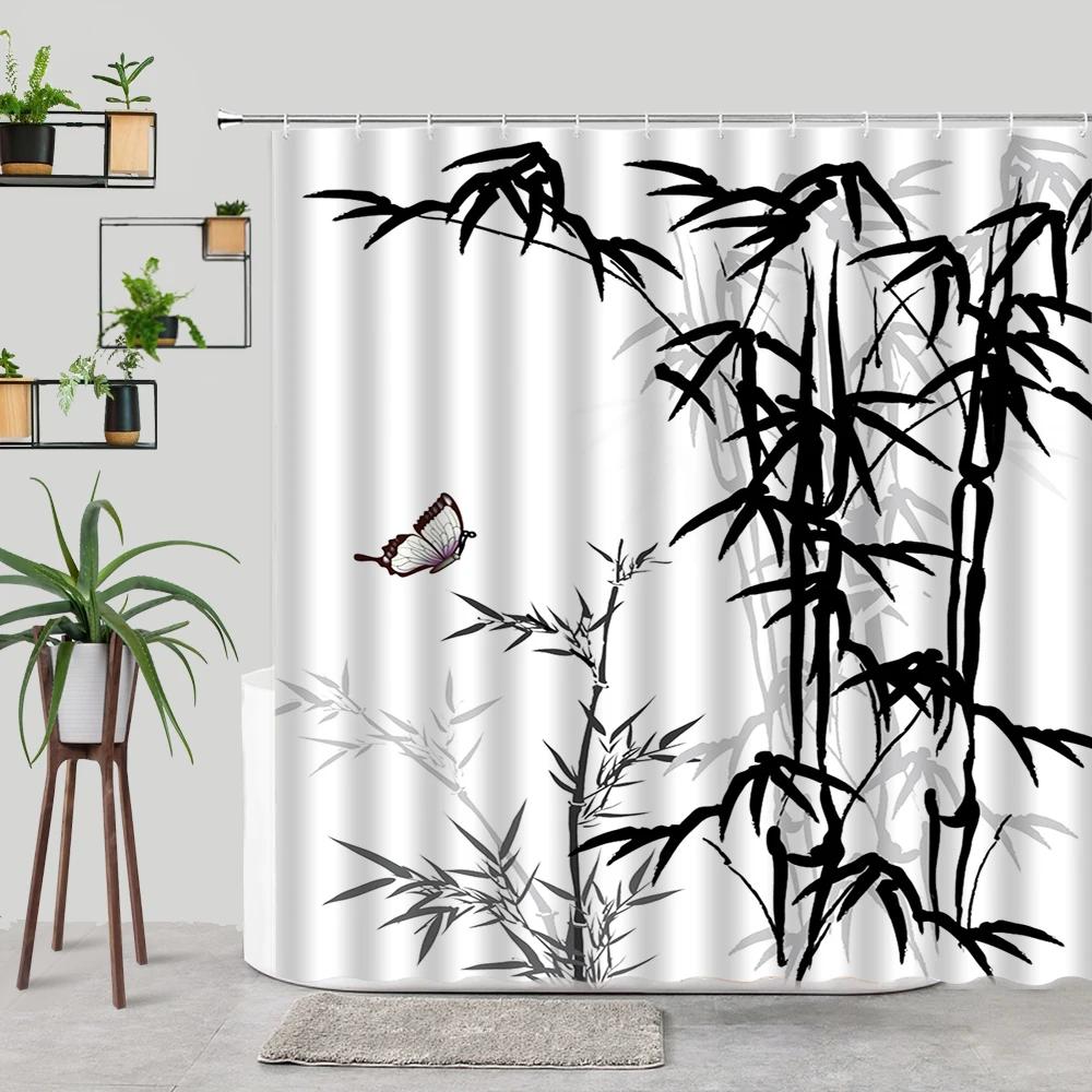 Waterproof Ink Painting Bamboo Leaves Bird Shower Curtains, Mountain Water Plant Landscape, Bathroom Curtain, Home Decor