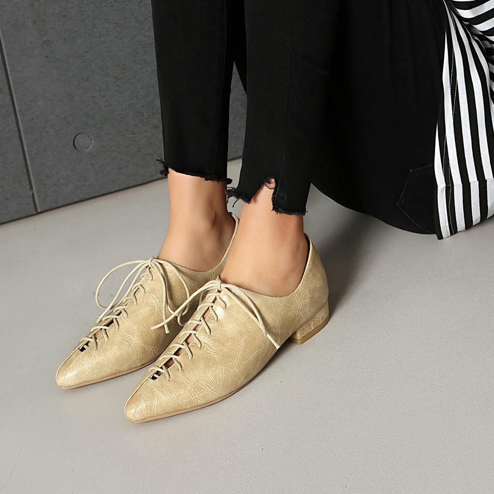 Apricot Women Oxford Pumps Lace Up Low Block Heels Lady Casual Shoes Big Plus Size 45