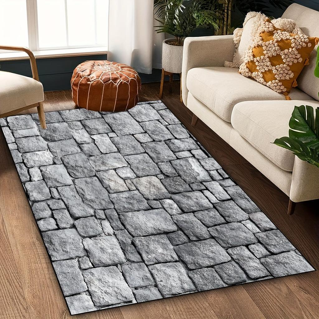 Stone Brick Pattern Rug - Non-Slip Washable Polyester Mat, Indoor/Outdoor Rectangular Pad for Entryway, Bedroom, Living Room