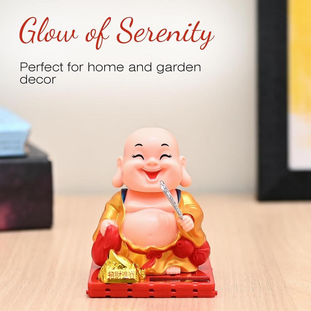 Car Dashboard Decoration Items – Solar Buddha Monk with Moving Head & Hand Holding Money Potli | Feng Shui Good Luck Buddha
