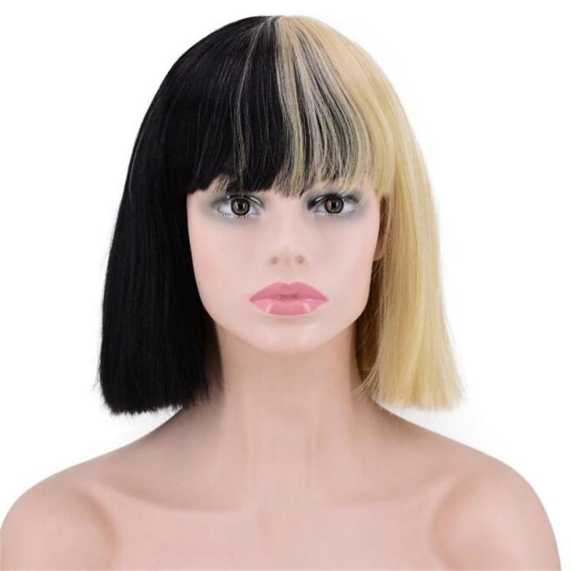 Sia Cosplay Wig Alive Bangs Trim to Eyes Half Black and Blonde Medium Heat Resistant Hair Wigs + Wig Cap