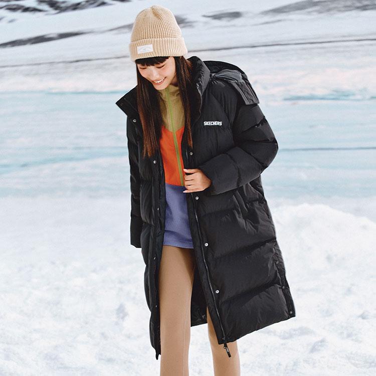 Skechers Windproof Water-Repellent Oil-Stain Resistant Warm Comfortable Sports Casual Long Hooded Down Jacket Women outerwear L424W203-0018