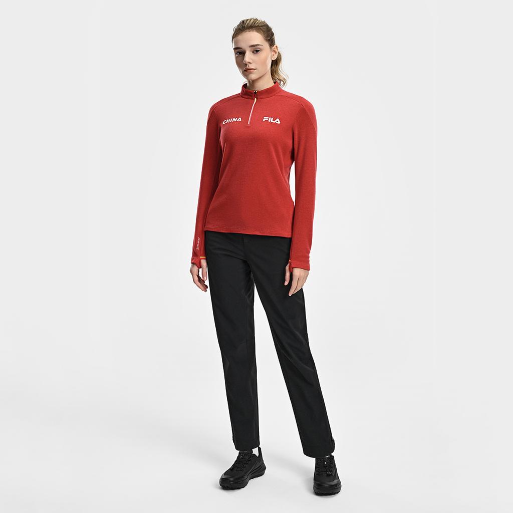 Fila Explore Simple Personality Sports Training Outdoor Comfortable Ribbed Fleece Warm Half-Zip Long Sleeve Slim T-Shirt Women tops A11W617212FRD