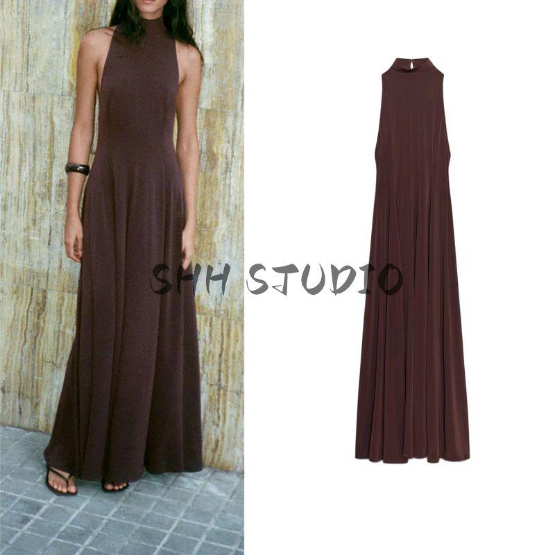 Autumn New Women's Clothing Seaside Vacation Style Minimalist Sleeveless Open Back Hanging Collar Length Dress 5063253