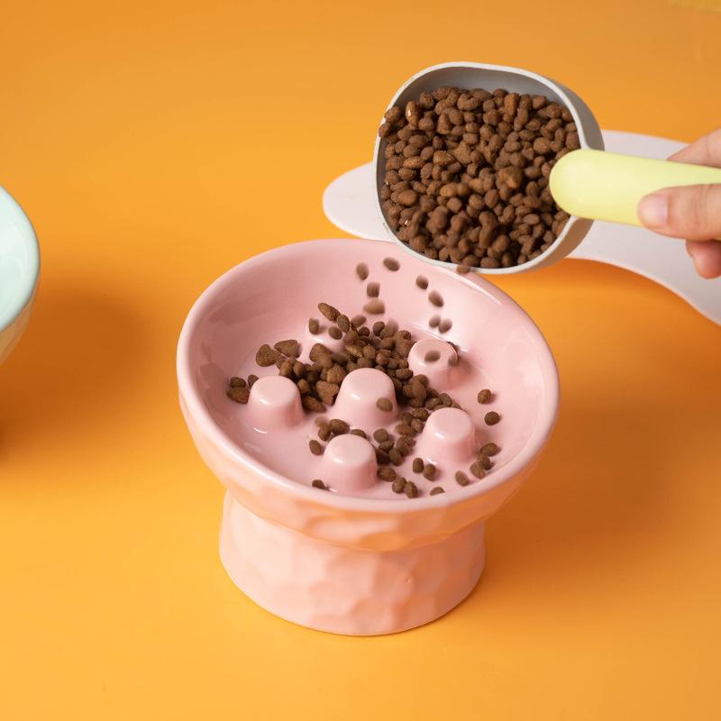 1pc Cat Bowl Ceramic High Footed Slow Food Anti Knock Slanted Mouth Neck Protection Pet Cat Dog Rice Bowl