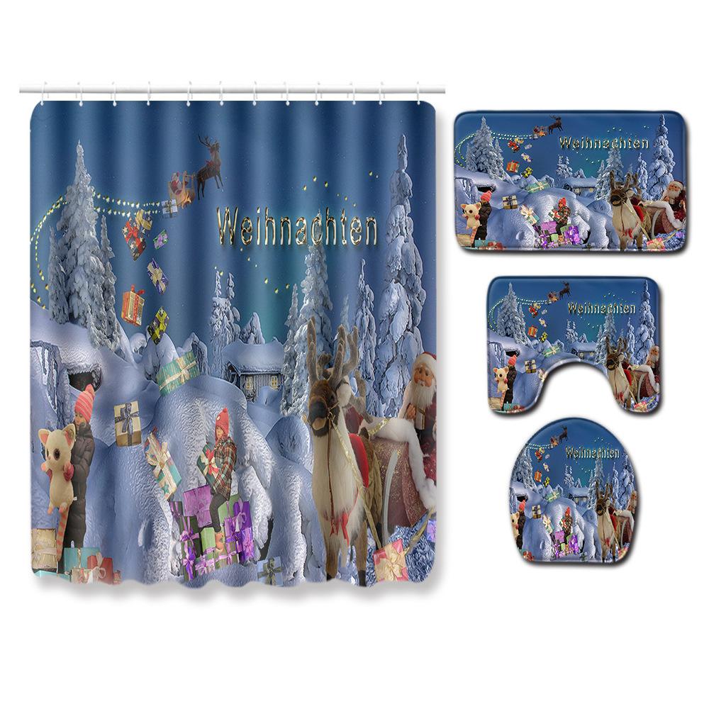 Christmas Shower Curtain Floor Mat Combination Four-Piece Set Bathroom Toilet Carpet Shower Room Mat Foot Mat