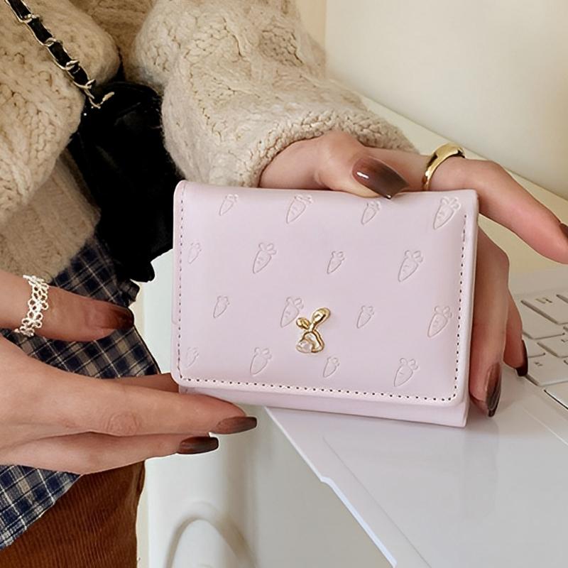 Portable Cartoon Rabbit Purses Carrot Printed Snap Button Lady Short Pu Wallet Waterproof Candy Color Triple Fold Card Bag