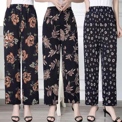 Women Summer Ice Silk Floral Printed Wide Leg Pants Elastic High Waist Casual Loose Cropped Pants