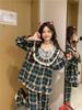 Korean-Inspired Autumn/Winter Plaid Pajama Set with Lace Trim for Couples