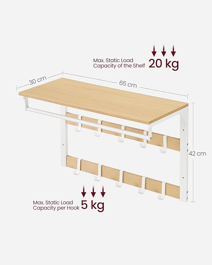VASAGLE Wall-Mounted Coat Rack, Wall Shelf with 10 Removable Hooks, Clothes Rail, Coat Hooks with Shelf, for Entryway, Bedroom, Bathroom