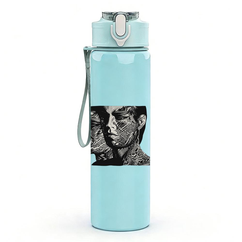 1PC Two Male Faces Minimalist Black White Print 750ml Portable Sports Water Bottle Leakproof Gym Outdoor Travel Drink Cup
