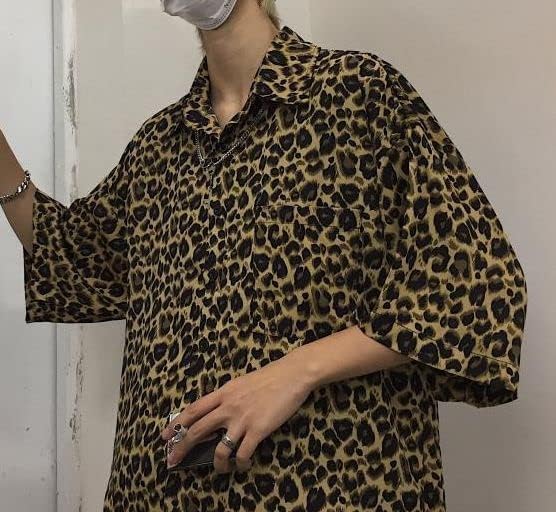 Aspersio Košile s límečkem s krátkým rukávem ve stylovém americkém ležérním stylu se zvířecím potiskem leoparda a otevřeným předním dílem Aloha, pánská