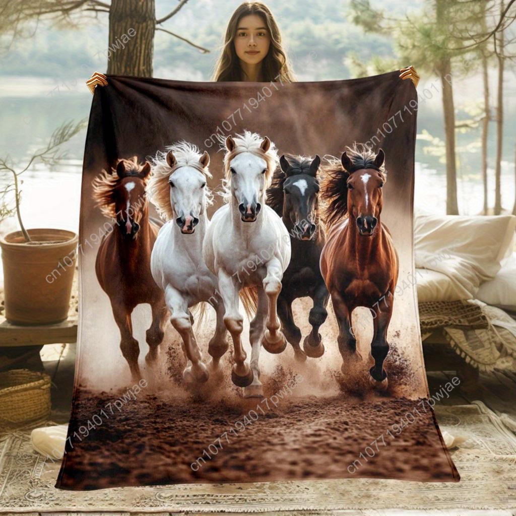 One Piece of a Blanket Featuring Horses Galloping in a Field - a Lightweight Flannel Throw Suitable for The Sofa, Outdoor Use, C