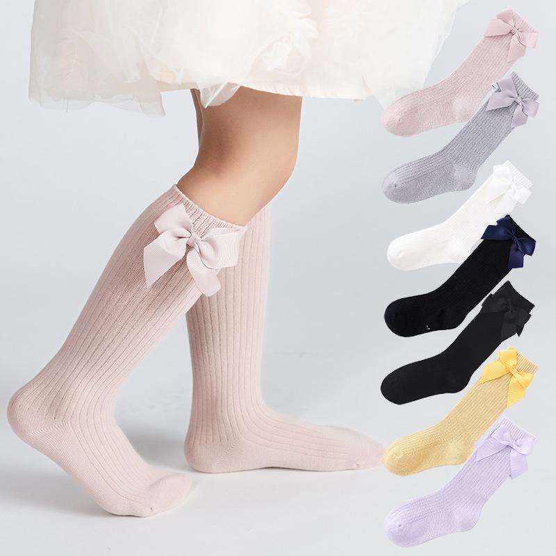 1/5Pairs Children Girls Socks With Bows Cotton Soft Toddlers Long Socks Kids Princess Dance Knee Stocking For Girls 1-8Years Old